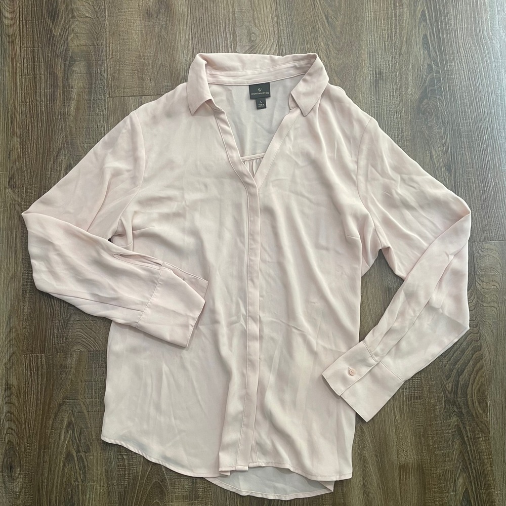 Worthington Women's Blouse Long Sleeve V Neck Pink Work Career Casual Size L‎